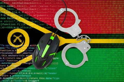 Vanuatu flag  and handcuffed computer mouse. Combating computer crime, hacker Stock-Fotos