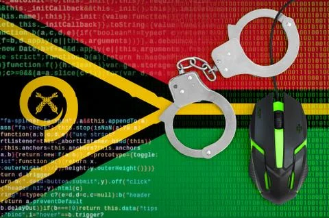 Vanuatu flag  and handcuffed computer mouse. Combating computer crime, hacker Stock-Fotos