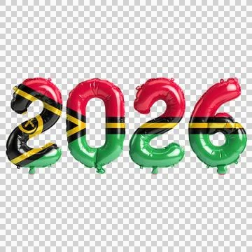Vanuatu flag colors 2026 3d illustration, metallic balloon numbers 3d rende.. Stock Illustration