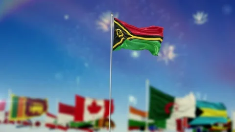Vanuatu Flag With Flags Of The World And Fireworks Moring And Night 3D Rendering Stock-Footage 149961178