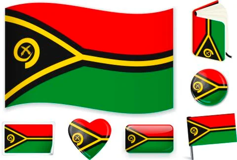 Vanuatu flag wave, book, circle, pin, button, heart and sticker. Illustrazione stock