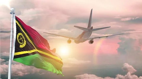 Vanuatu flag Waving Realistic With Sky Plane Takes Off At Sunrise Stock Footage 295293498