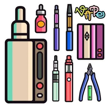 Vape device vector set cigarette vaporizer vapor juice bottle flavor Stock Illustration