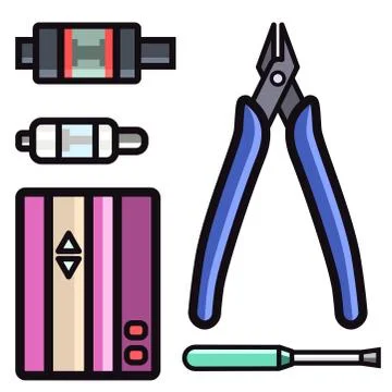 Vape device vector set cigarette vaporizer vapor juice bottle flavor Stock Illustration