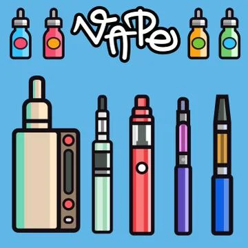 Vape device vector set cigarette vaporizer vapor juice bottle flavor Stock Illustration