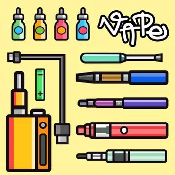 Vape device vector set cigarette vaporizer vapor juice bottle flavor Stock Illustration