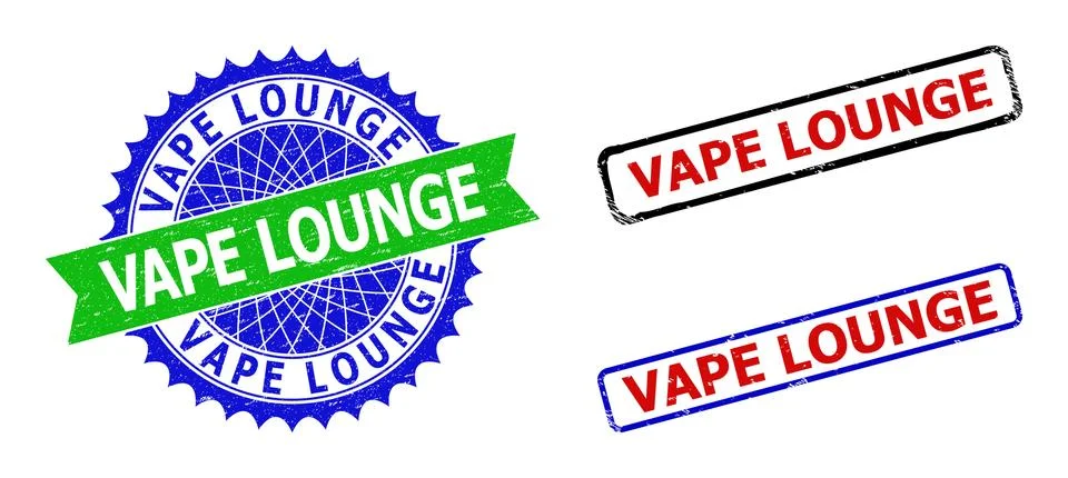 VAPE LOUNGE Rosette and Rectangle Bicolor Stamp Seals with Grunged Styles Stock Illustration