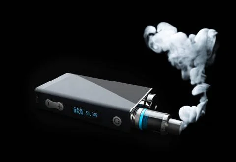 Vape with white fire smoke cloud. 3d illustration on black background Stock Illustration
