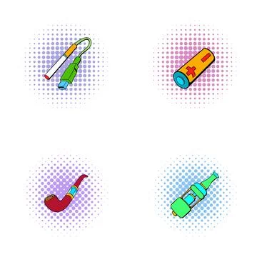 Vaping accessories and smoking devices comics style icons Stock Illustration