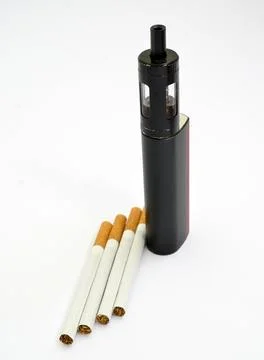 Vaping device, electronic cigarette and cigarettes white background Stock Photos