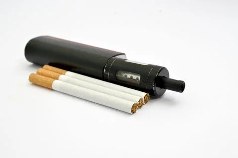 Vaping device, electronic cigarette and cigarettes white background Stock Photos