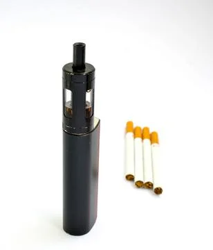 Vaping device, electronic cigarette and cigarettes white background Stock Photos