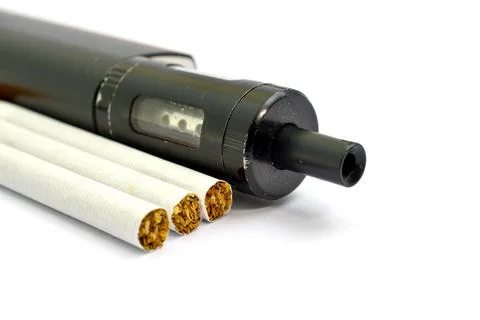 Vaping device, electronic cigarette and cigarettes white background Stock Photos