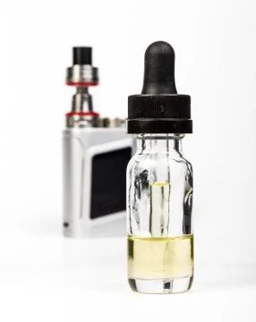 Vaping electronic mod and vape liquid on white Stock Photos