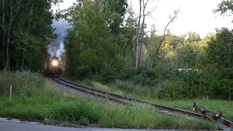 A vapor train is going fast down the track in a valley Stock Footage 96048374