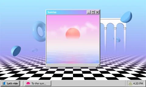 Vaporwave abstract background with OS window with sunrise and interface, surreal Stock Illustration