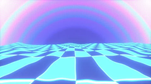 Vaporwave blue purple gradient sky with blue white checkered floor animation Stock Footage 342775690