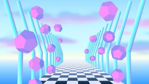 Vaporwave corridor of pillars with flying 3D donut shapes and sun in 90s style Illustrazione stock
