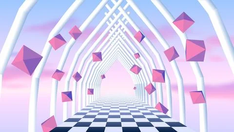 Vaporwave corridor of pillars with flying 3D donut shapes and sun in 90s style Illustrazione stock