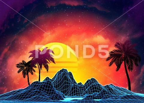Vaporwave landscape with rocks and palms Modello PSD