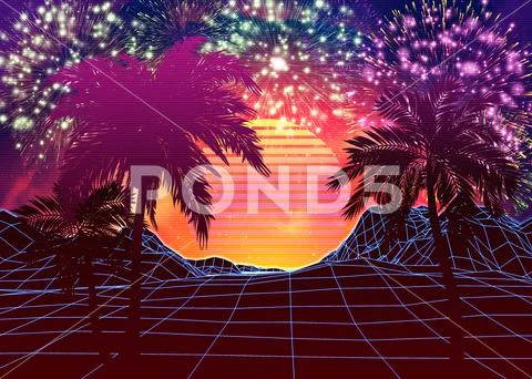 Vaporwave landscape with rocks and palms Modello PSD