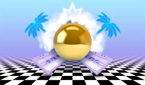 Vaporwave poster with cloud or vapor arch above the golden pyramid, surrounded Stock Illustration
