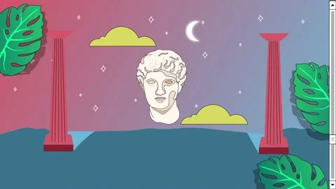 Vaporwave Poster With User Interface Elements. Cartoon Roman Antique Statue. Stock Footage 195954024