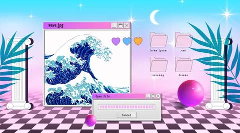 Vaporwave Poster With User Interface Elements and Cartoon Wave. Stock Illustration