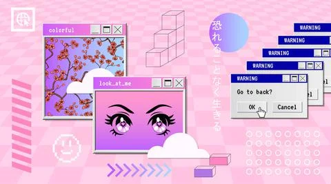 Vaporwave Poster With User Interface Elements and Cartoon Anime Illustrations. Stock Illustration