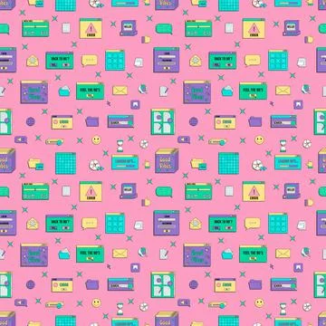 Vaporwave UI and UX elements seamless pattern. PC retro game frame. Nostalgic Stock Illustration