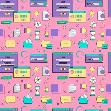 Vaporwave UI and UX elements seamless pattern. PC retro game frame. Nostalgic Stock Illustration