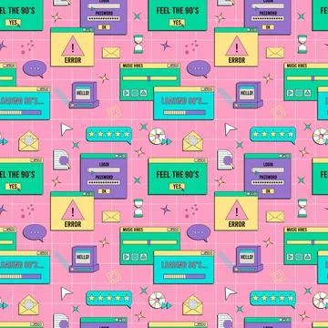 Vaporwave UI and UX elements seamless pattern. PC retro game frame. Nostalgic Stock Illustration