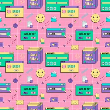 Vaporwave UI and UX elements seamless pattern. PC retro game frame. Nostalgic Illustrazione stock