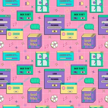 Vaporwave UI and UX elements seamless pattern. PC retro game frame. Nostalgic Stock Illustration
