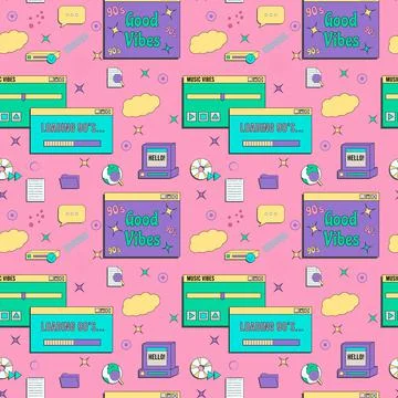 Vaporwave UI and UX elements seamless pattern. PC retro game frame. Nostalgic Stock Illustration