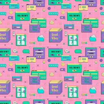 Vaporwave UI and UX elements seamless pattern. PC retro game frame. Nostalgic Illustrazione stock