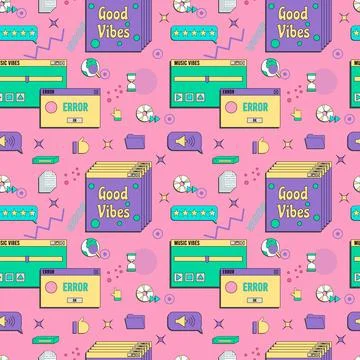 Vaporwave UI and UX elements seamless pattern. PC retro game frame. Nostalgic Illustrazione stock