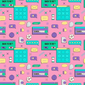 Vaporwave UI and UX elements seamless pattern. PC retro game frame. Nostalgic Stock Illustration