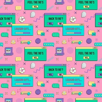 Vaporwave UI and UX elements seamless pattern. PC retro game frame. Nostalgic Stock Illustration