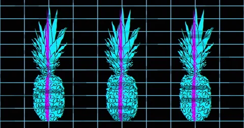 Vaporwave video. Pineapples rotating on computer grid. Seamless loop. Stock Footage