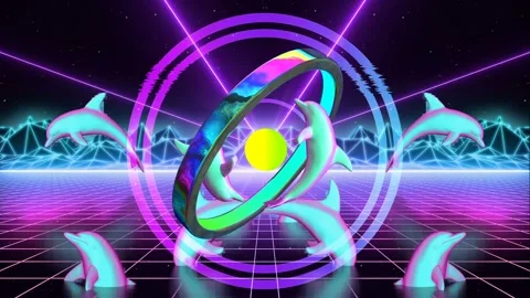 Vaporwave Vision - Dolphin Ring Landscape Stock Footage 136656409