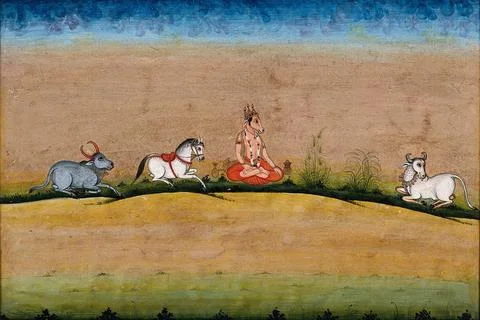 Varaha, a incarnation of Vishnu sitting with two cows and a horse. Gouache .. Stock Illustration