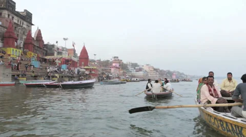 Varanasi-Boats on River Stock Footage 37681282