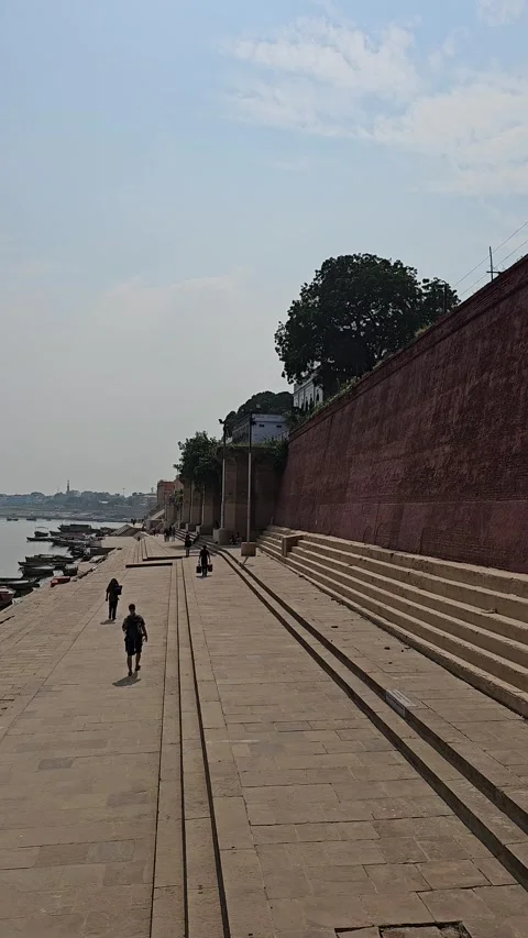Varanasi ghat steps and distant walkers, India Vertical 4K Video stock 348265397