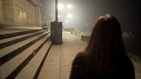 Varanasi, a model walk through the holiest city of Indian people Stock Footage 112139267