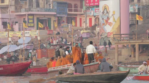 Varanasi-Monks on River Stock Footage 37748388