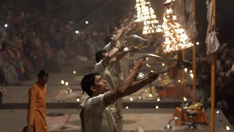 Varanasi, priest at evening sacred ceremony  . Stock Footage 112148853