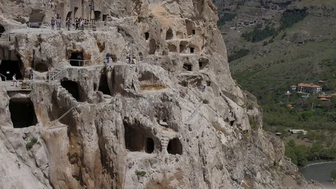 Vardzia cave monastery. Cave town in the mountains. Complex carved in rock.  Stock Footage 90351209