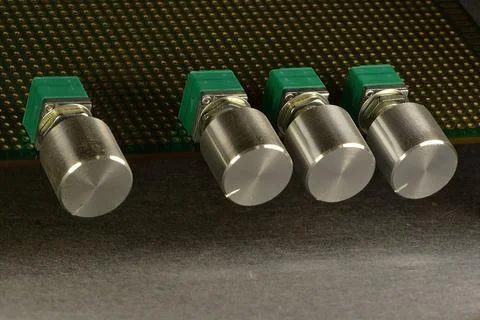 Variable resistors (potentiometers) in audio amplifiers act as volume, balanc 스톡 사진