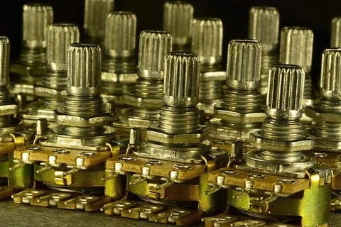 Variable resistors (potentiometers), carbon, single-turn in a metal case, sta Stock-Fotos